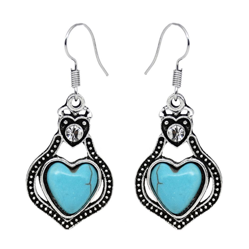 SILVER TURQUOISE DIAMOND HEART DANGLE EARRINGS